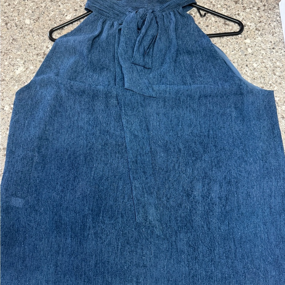 White House Black Market Denim Print Chiffon Halter Top (M) - Picture 8 of 10